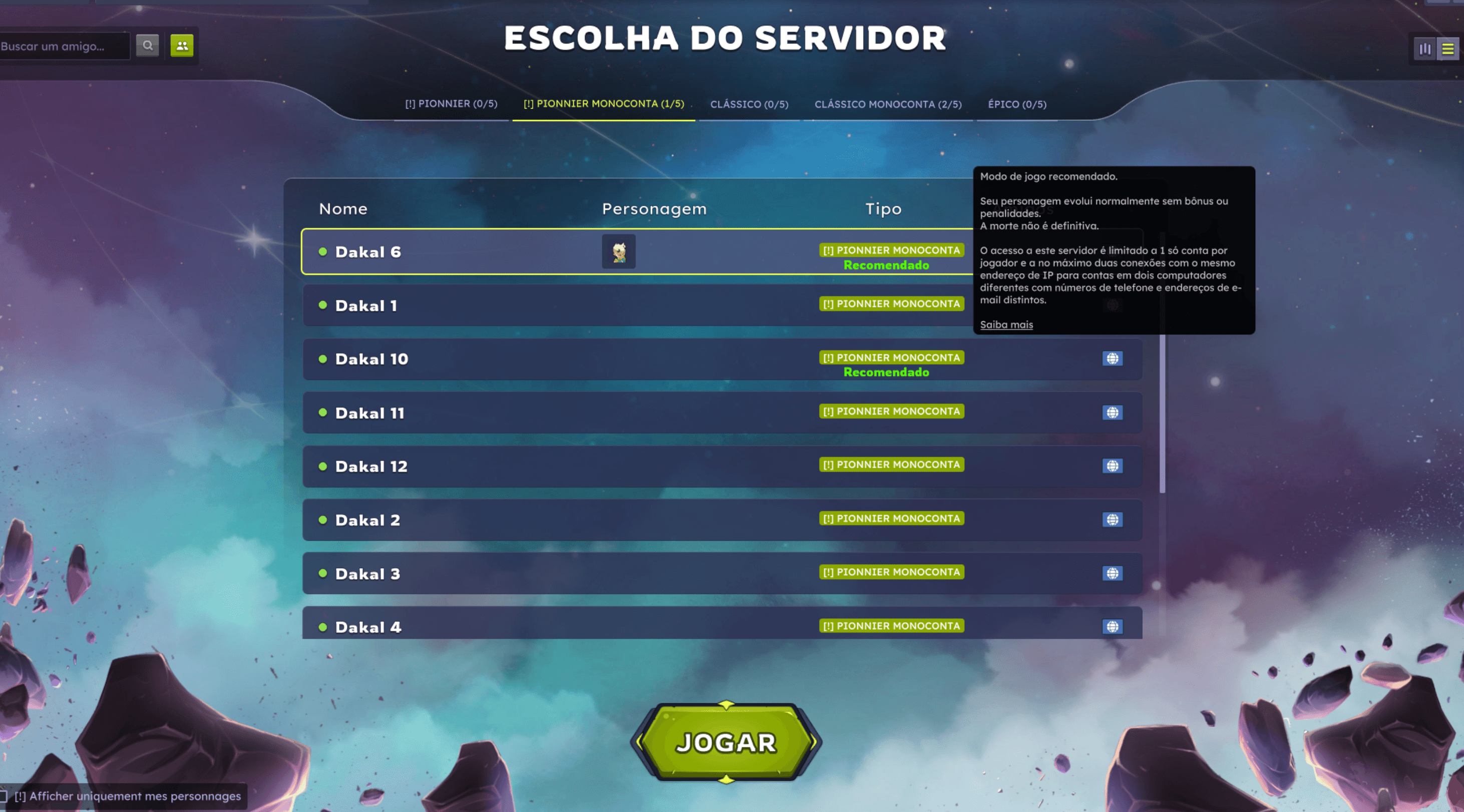 Servidor Dakal 6 no Dofus